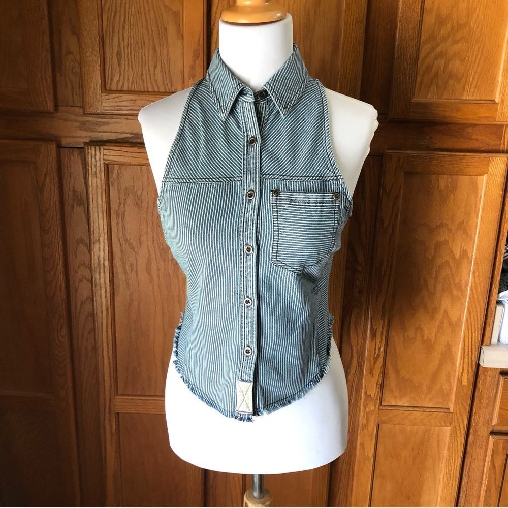 ❤️We the Free Blue Striped Button Fringe Vest Jacket Size XS